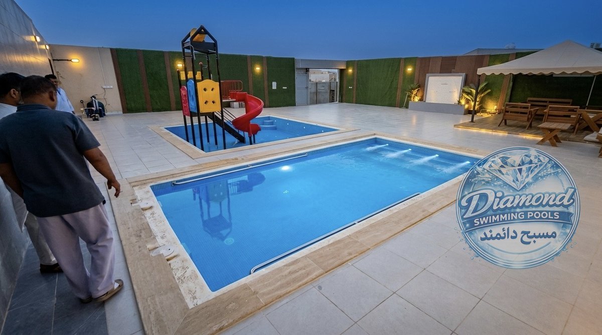 Family swimming pool with waterpark slides Saudi Arabia