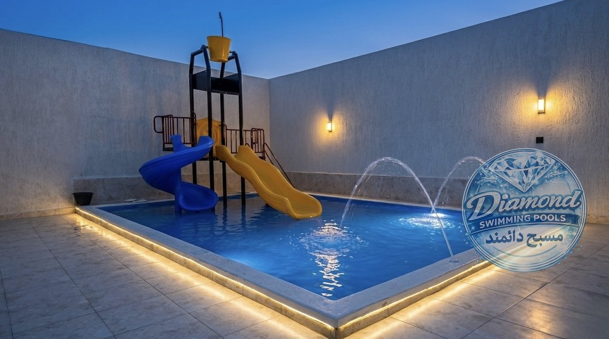 Kids swimming pool with LED surround lighting and slides